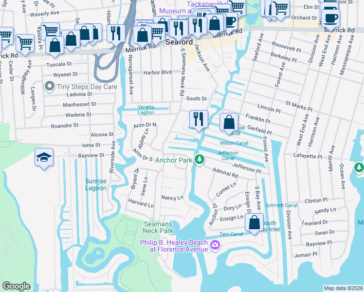 map of restaurants, bars, coffee shops, grocery stores, and more near 3902 Beacon Road in Seaford