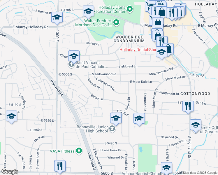 map of restaurants, bars, coffee shops, grocery stores, and more near 1590 East Spring Run Drive in Holladay
