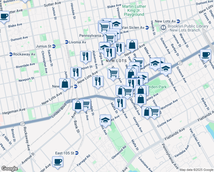map of restaurants, bars, coffee shops, grocery stores, and more near 463 Hegeman Avenue in Brooklyn