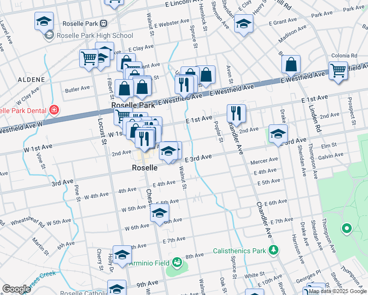 map of restaurants, bars, coffee shops, grocery stores, and more near 218 East 2nd Avenue in Roselle