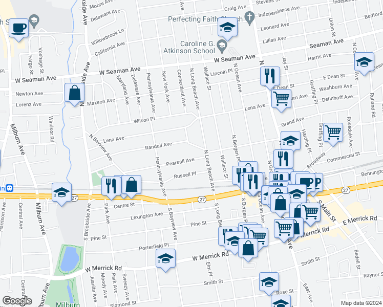 map of restaurants, bars, coffee shops, grocery stores, and more near 22 Pearsall Avenue in Freeport