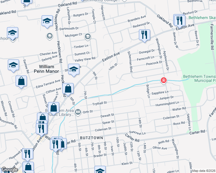 map of restaurants, bars, coffee shops, grocery stores, and more near 3100 10th St in Bethlehem