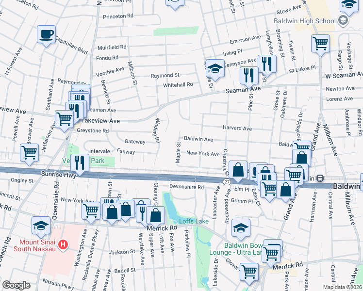 map of restaurants, bars, coffee shops, grocery stores, and more near 2115 Maple Street in Baldwin