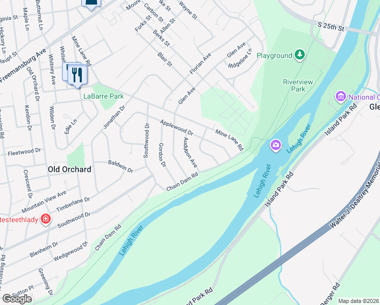 map of restaurants, bars, coffee shops, grocery stores, and more near 16 Audubon Avenue in Easton