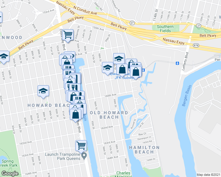 map of restaurants, bars, coffee shops, grocery stores, and more near 159-34 99th Street in Queens