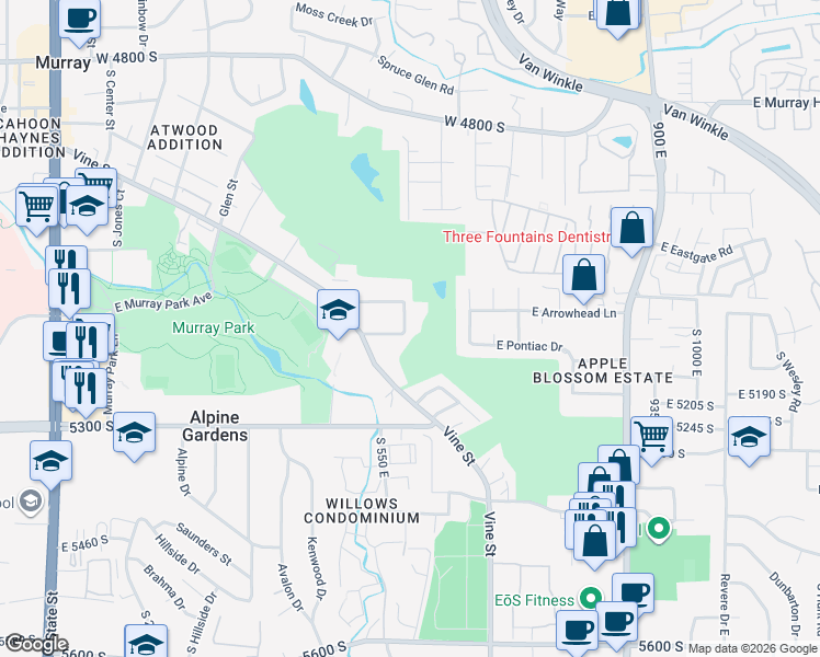 map of restaurants, bars, coffee shops, grocery stores, and more near 5171 South 600 East in Murray