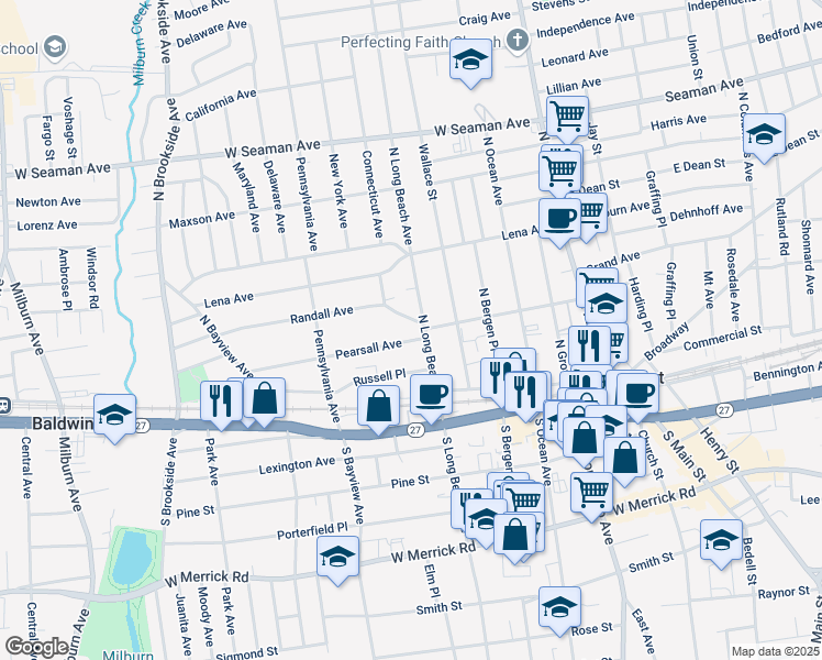 map of restaurants, bars, coffee shops, grocery stores, and more near 145 Randall Avenue in Freeport