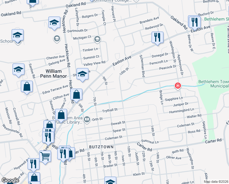 map of restaurants, bars, coffee shops, grocery stores, and more near 3100 10th Street in Bethlehem