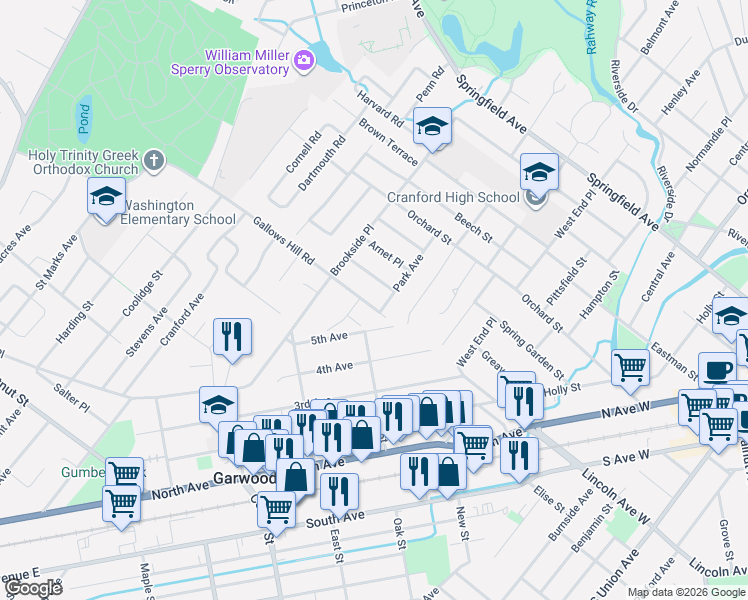 map of restaurants, bars, coffee shops, grocery stores, and more near 502 Gallows Hill Road in Cranford