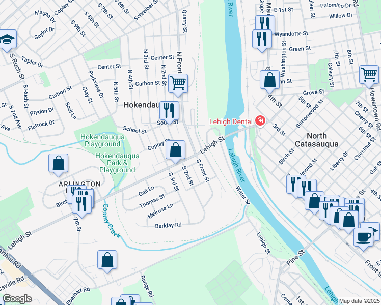 map of restaurants, bars, coffee shops, grocery stores, and more near 3151 Lehigh Street in Hokendauqua