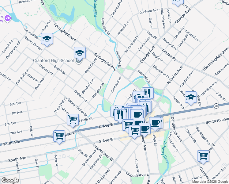 map of restaurants, bars, coffee shops, grocery stores, and more near 12 Central Avenue in Cranford