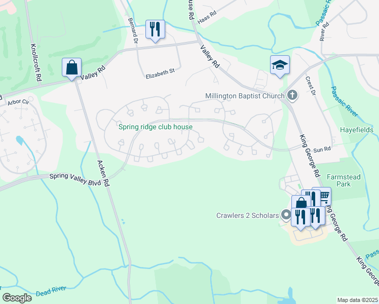 map of restaurants, bars, coffee shops, grocery stores, and more near 285 Potomac Drive in Basking Ridge