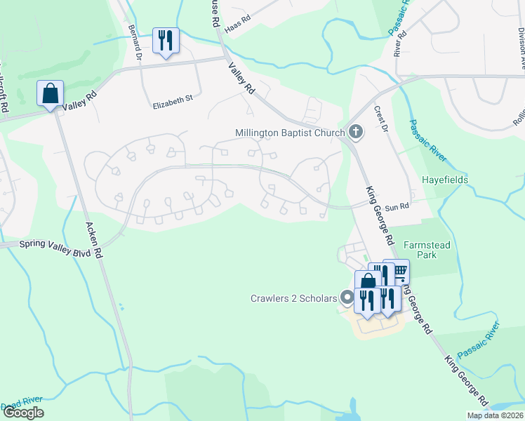 map of restaurants, bars, coffee shops, grocery stores, and more near 143 Jamestown Road in Basking Ridge
