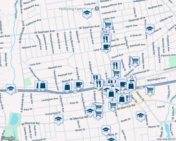 map of restaurants, bars, coffee shops, grocery stores, and more near 99 Randall Avenue in Freeport