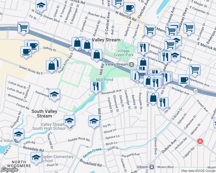 map of restaurants, bars, coffee shops, grocery stores, and more near 44 Fairfield Street in Valley Stream