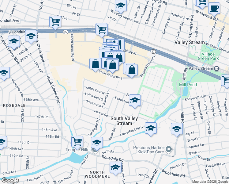 map of restaurants, bars, coffee shops, grocery stores, and more near 67 Flower Road in Valley Stream