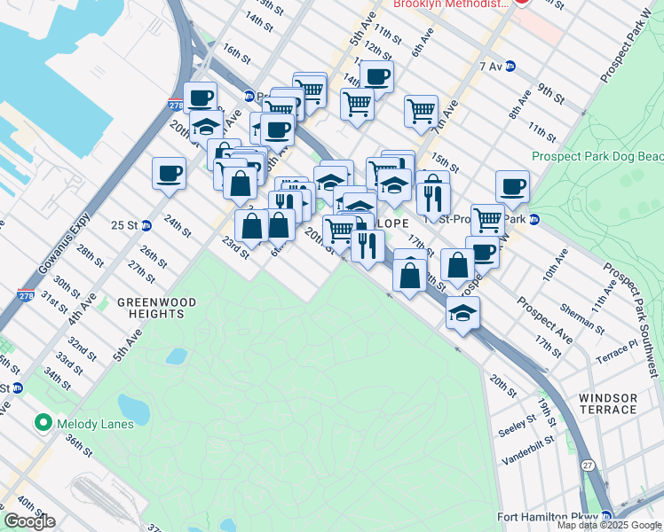map of restaurants, bars, coffee shops, grocery stores, and more near 584 7th Avenue in Brooklyn