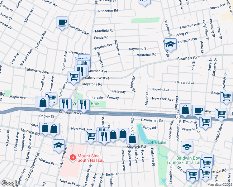 map of restaurants, bars, coffee shops, grocery stores, and more near 42 Gateway in Rockville Centre