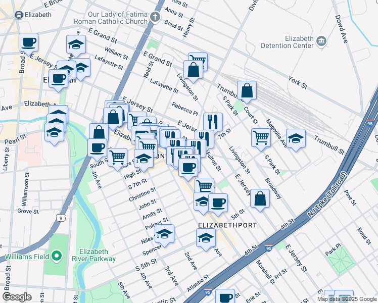 map of restaurants, bars, coffee shops, grocery stores, and more near 60 Division St in Elizabeth
