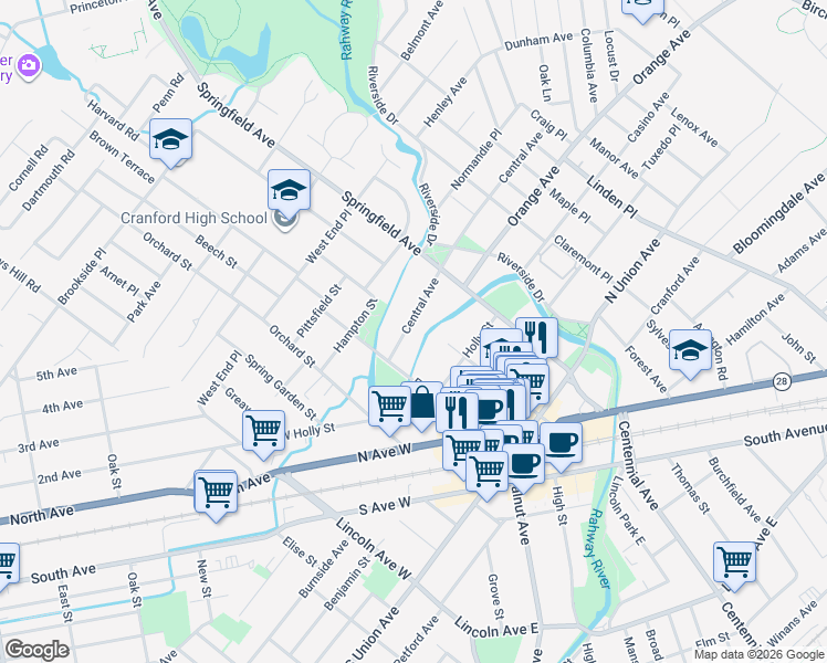 map of restaurants, bars, coffee shops, grocery stores, and more near 12 Central Avenue in Cranford