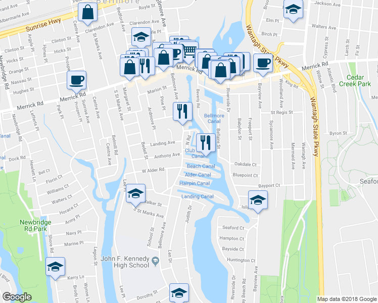 map of restaurants, bars, coffee shops, grocery stores, and more near 107 Kopf Road in Bellmore