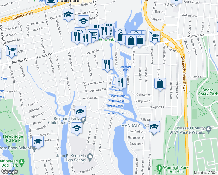 map of restaurants, bars, coffee shops, grocery stores, and more near 101 Kopf Road in Bellmore