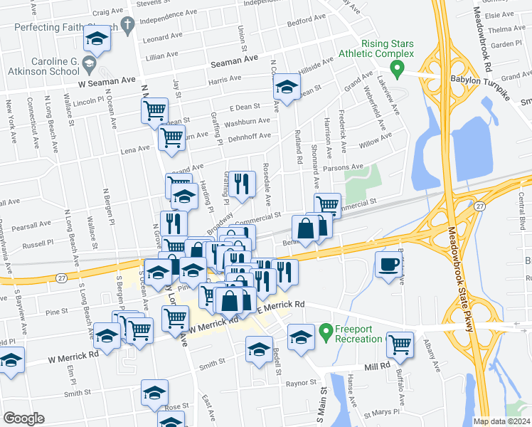 map of restaurants, bars, coffee shops, grocery stores, and more near 75 Commercial Street in Freeport