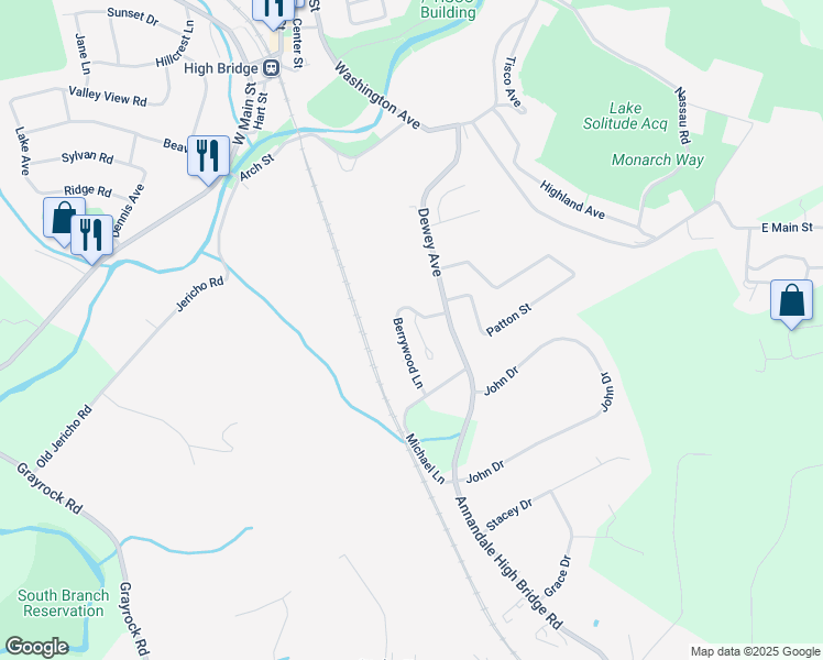 map of restaurants, bars, coffee shops, grocery stores, and more near 5 Indian Springs Lane in High Bridge