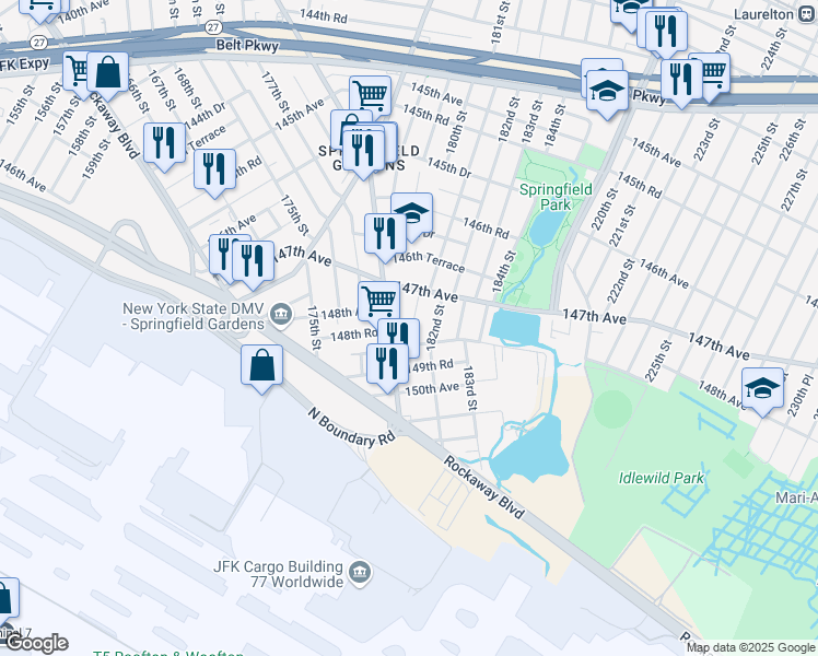 map of restaurants, bars, coffee shops, grocery stores, and more near 147-42 181st Street in Queens