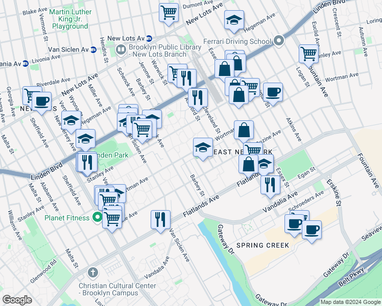 map of restaurants, bars, coffee shops, grocery stores, and more near 359 Wortman Avenue in Brooklyn