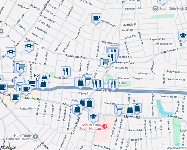 map of restaurants, bars, coffee shops, grocery stores, and more near 18 Jefferson Avenue in Rockville Centre