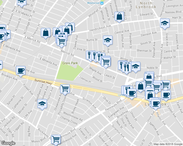 map of restaurants, bars, coffee shops, grocery stores, and more near 24 Acorn Place in Lynbrook