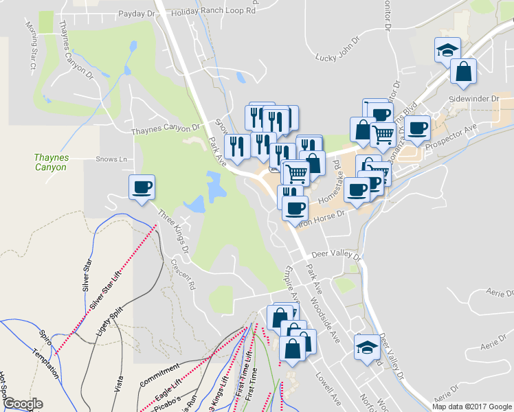 map of restaurants, bars, coffee shops, grocery stores, and more near 1781 Captain Molly Drive in Park City