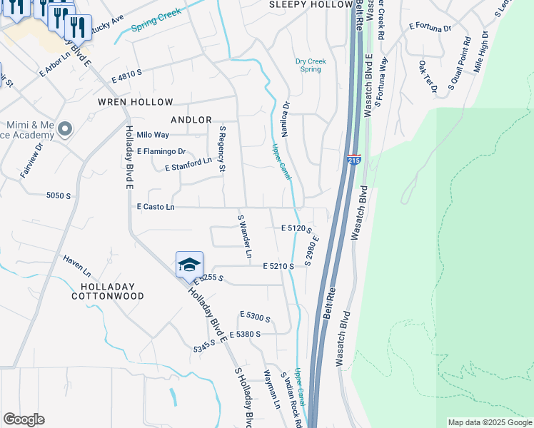 map of restaurants, bars, coffee shops, grocery stores, and more near 2840 East Casto Lane in Holladay