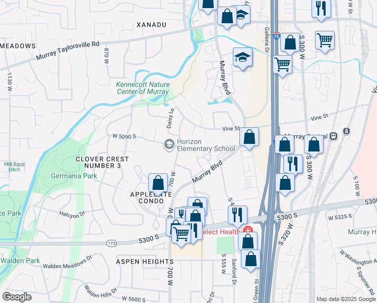 map of restaurants, bars, coffee shops, grocery stores, and more near 5201 Glendon Street West in Murray