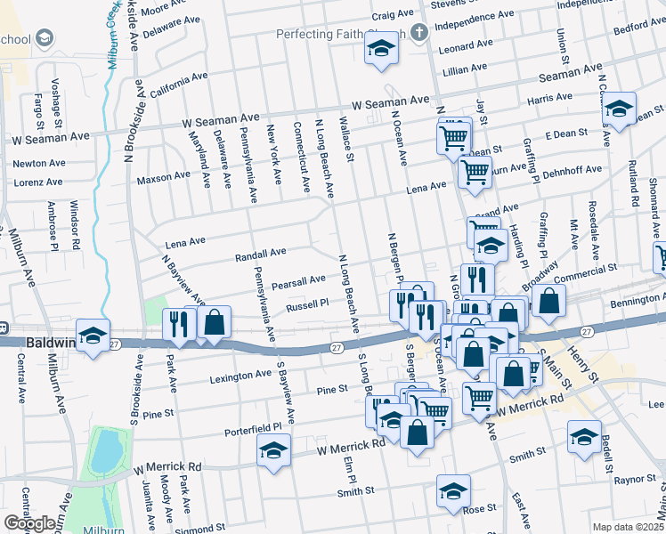map of restaurants, bars, coffee shops, grocery stores, and more near 145 Randall Avenue in Freeport