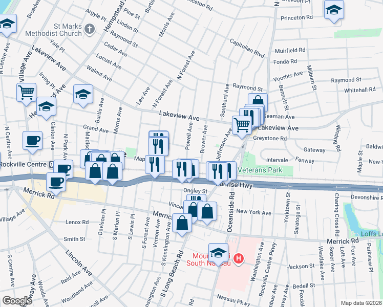 map of restaurants, bars, coffee shops, grocery stores, and more near 16 Powell Avenue in Rockville Centre