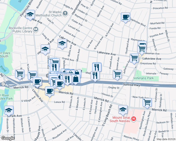 map of restaurants, bars, coffee shops, grocery stores, and more near 1 Lee Avenue in Rockville Centre
