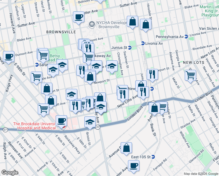 map of restaurants, bars, coffee shops, grocery stores, and more near 549 Watkins Street in Brooklyn