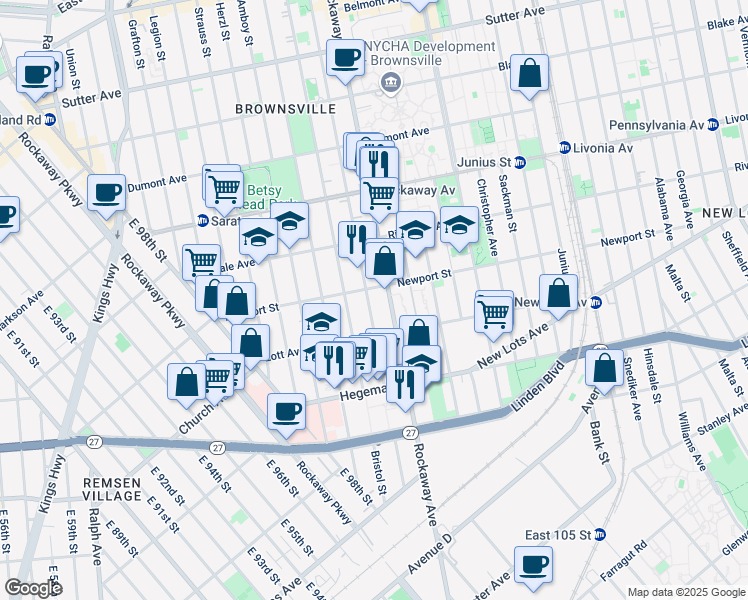 map of restaurants, bars, coffee shops, grocery stores, and more near 841 Rockaway Avenue in Brooklyn
