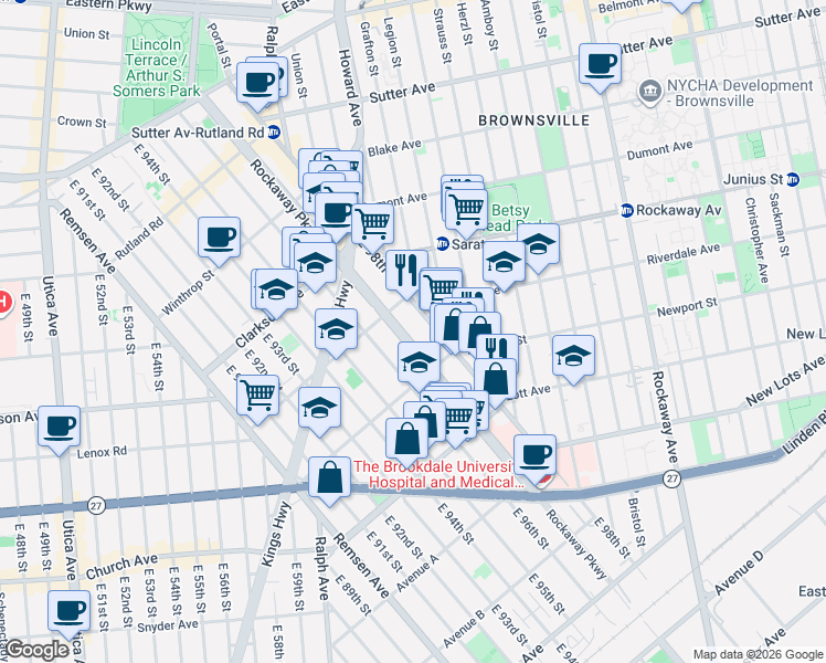 map of restaurants, bars, coffee shops, grocery stores, and more near 369 Rockaway Parkway in Brooklyn