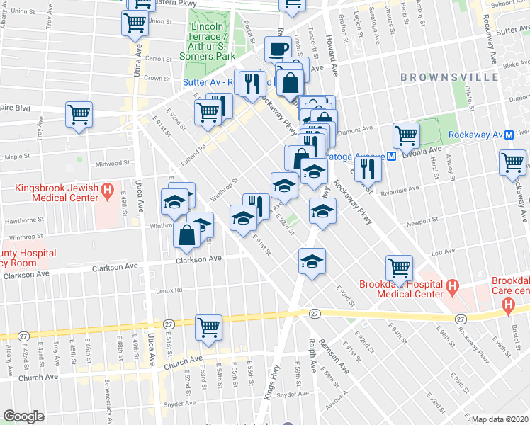 map of restaurants, bars, coffee shops, grocery stores, and more near 274 East 93rd Street in Brooklyn