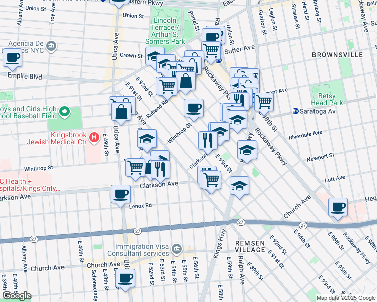 map of restaurants, bars, coffee shops, grocery stores, and more near 260 East 92nd Street in Brooklyn