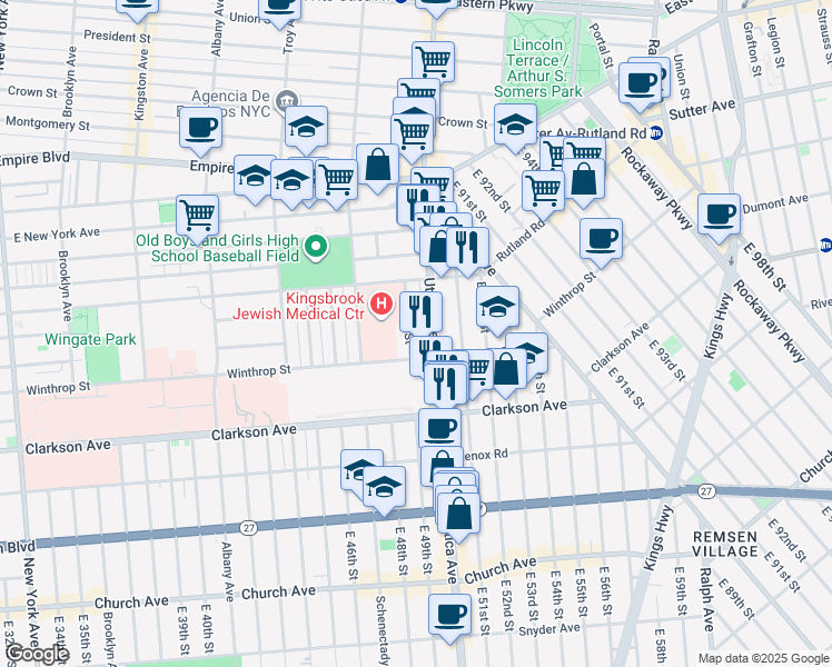 map of restaurants, bars, coffee shops, grocery stores, and more near 135 East 49th Street in Brooklyn