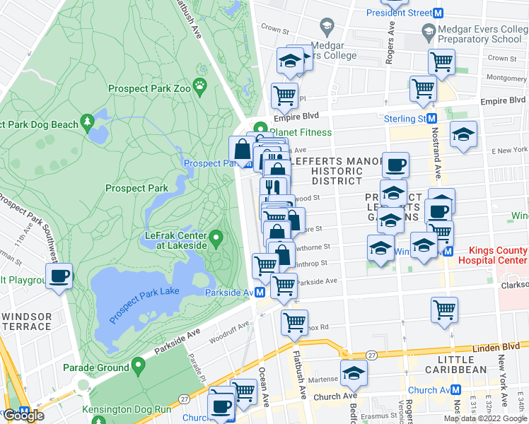 map of restaurants, bars, coffee shops, grocery stores, and more near 595 Flatbush Avenue in Brooklyn