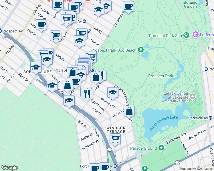 map of restaurants, bars, coffee shops, grocery stores, and more near 549 16th Street in Brooklyn