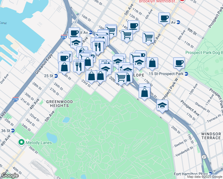 map of restaurants, bars, coffee shops, grocery stores, and more near 329 22nd Street in Brooklyn