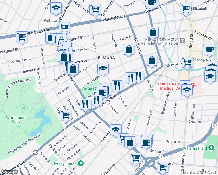 map of restaurants, bars, coffee shops, grocery stores, and more near 420 Vine Street in Elizabeth