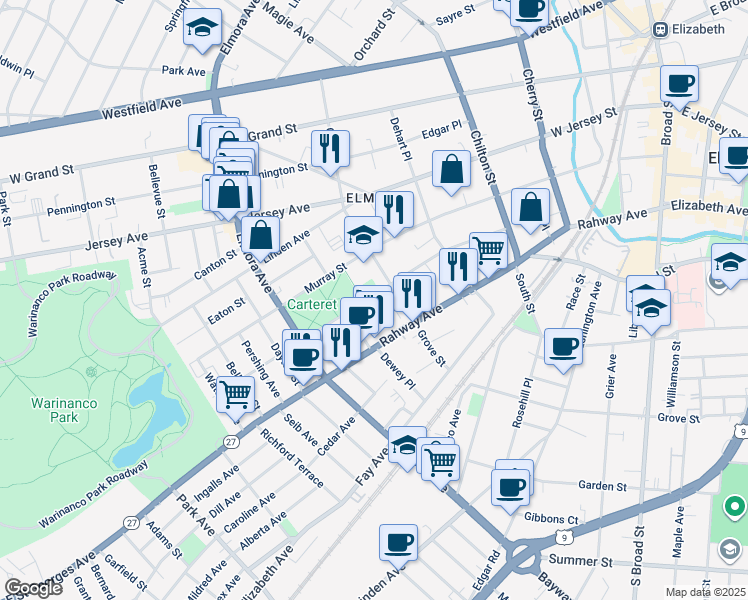 map of restaurants, bars, coffee shops, grocery stores, and more near 420 Vine Street in Elizabeth