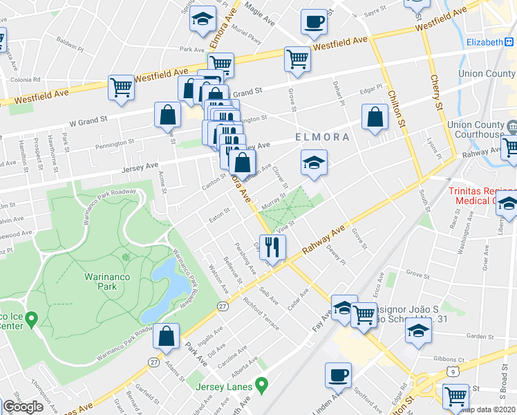 map of restaurants, bars, coffee shops, grocery stores, and more near 66 Elmora Avenue in Elizabeth
